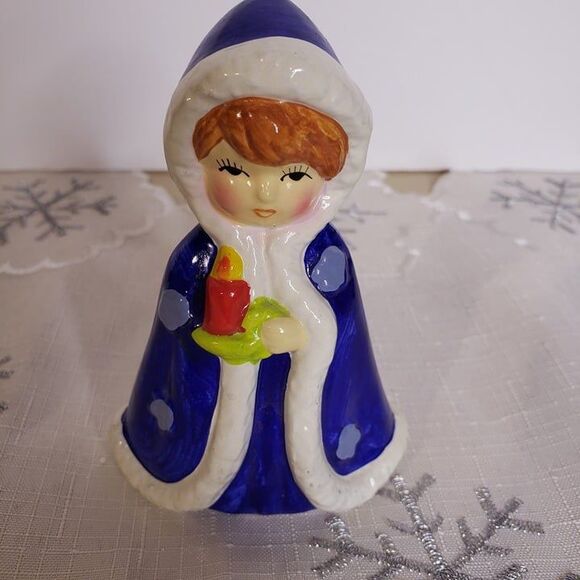Vintage Christmas Mini Blue Ceramic Red Head Girl with Candle Figurine 4" - Picture 1 of 7